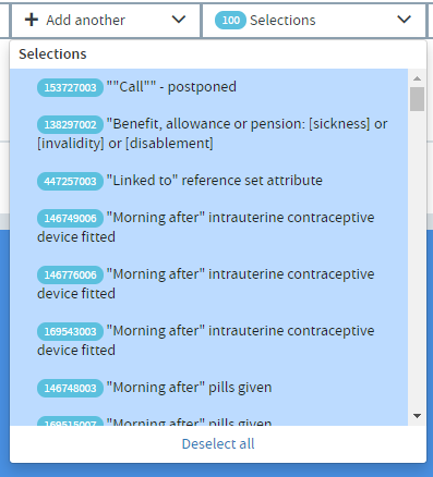 Screenshot of selected options