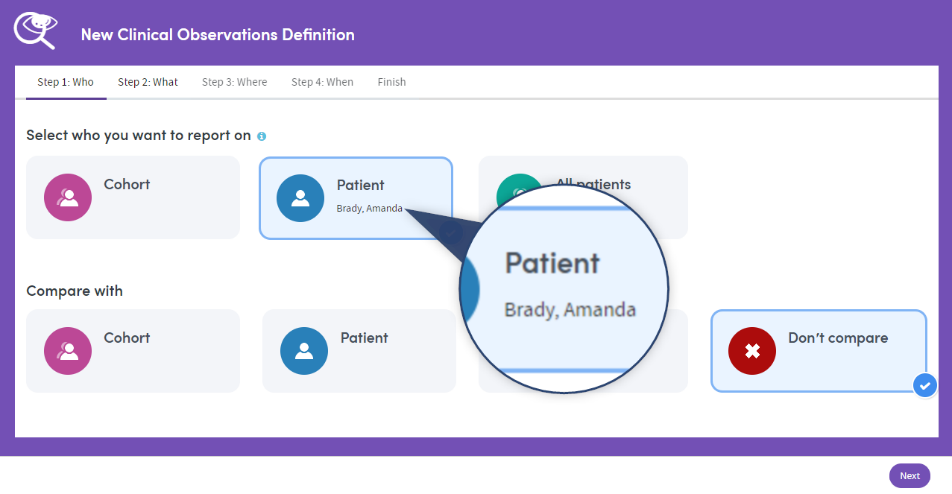 Patient name shown as an option for report