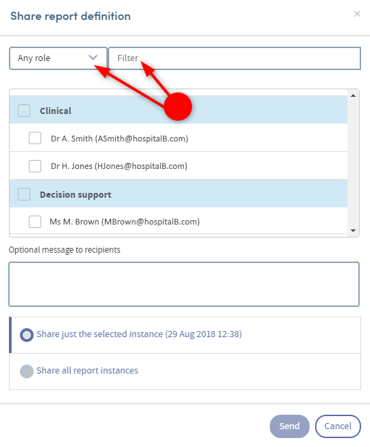 Red arrow pointing to 'any role' and 'filter' fields